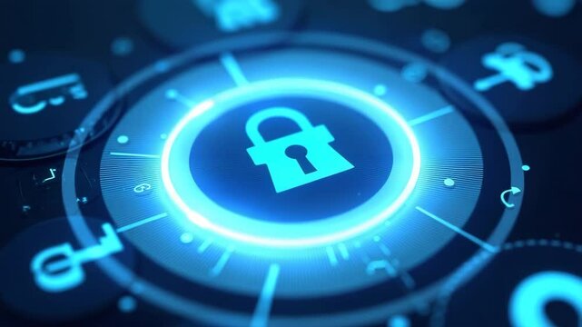 A digital lock icon surrounded by glowing blue circles and symbols, representing cybersecurity and data protection concepts. - Powered by Adobe