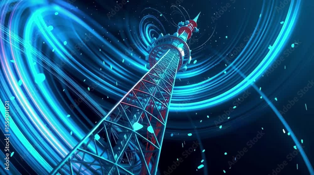 Poster dynamic light trails around modern tower structure – abstract motion blur and architectural elements