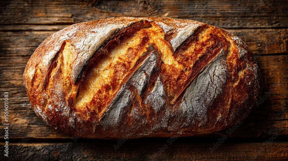 Poster a round loaf of artisanal bread displays a beautifully crisp crust with intricate scoring patterns. 