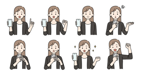 スマホを持つ女性のイラストセット	