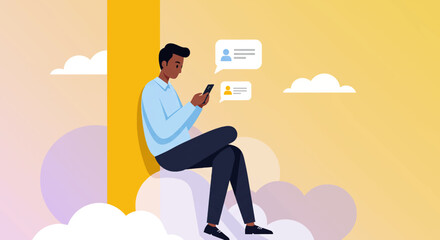a man seated on clouds, engrossed in his phone, with two chat bubbles floating above him. Suitable for landing page, banner, marketing, web design, presentation, infographic, etc.
