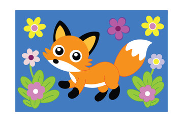 Obraz premium Adorable Fox Kit in Spring Flowers Cartoon Illustration
