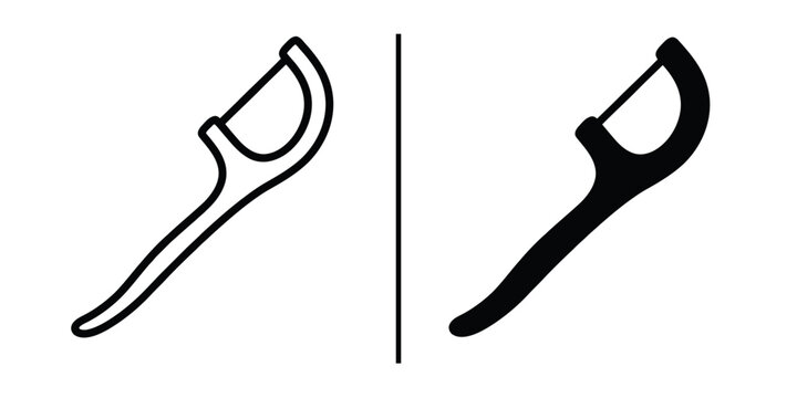 Dental Floss Picks: Line art and filled icon of dental floss pick.  