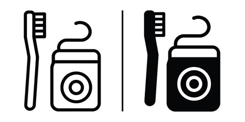 Dental Hygiene Essentials: Simple line art icons representing a toothbrush and dental floss, essential tools for maintaining good oral hygiene.  Perfect for dental websites, brochures.