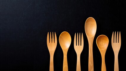 Natural Wooden Utensils on Dark Background, Culinary Elegance
