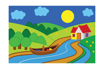 Fototapeta premium Serene River Landscape Houseboat and Rolling Hills Illustration