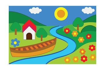 Obraz premium Serene River Landscape Colorful Illustration of Idyllic Countryside Scene