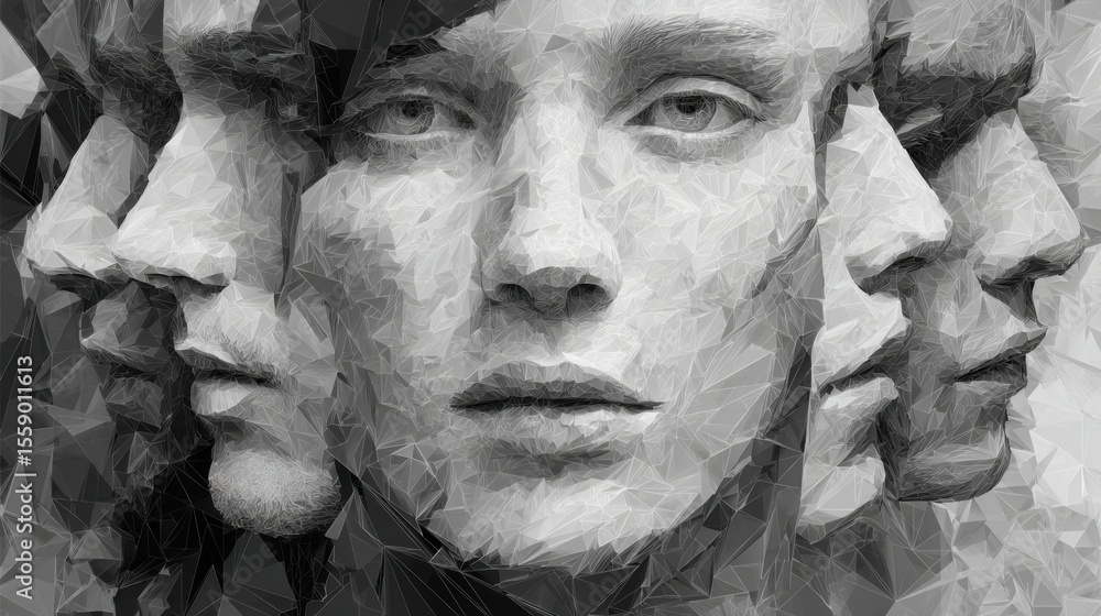 Poster this artwork showcases a collection of intersecting human faces arranged in a geometric pattern, all