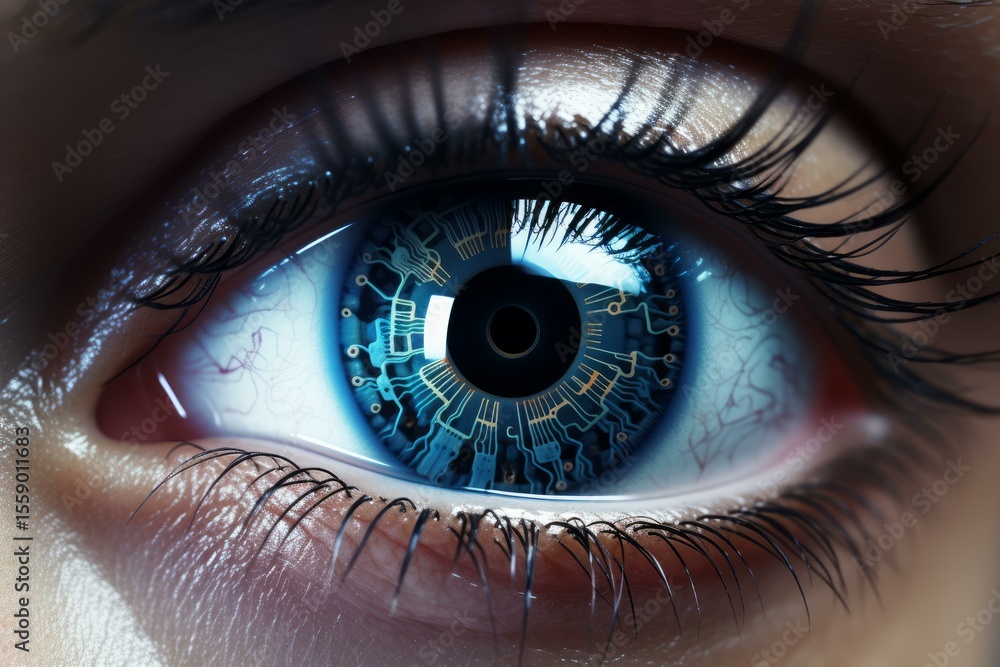 Poster close up of a human eye with futuristic digital circuit board pattern, exploring themes of biohackin