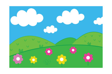 Vibrant Spring Meadow Rolling Hills, Sunny Sky, and Blooming Flowers