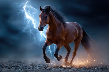 Fototapeta premium Wild horse galloping through stormy landscape with lightning striking in the background at dusk