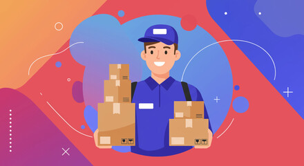 a delivery person holding two brown cardboard boxes. Suitable for landing page, banner, marketing, web design, presentation, infographic, etc.