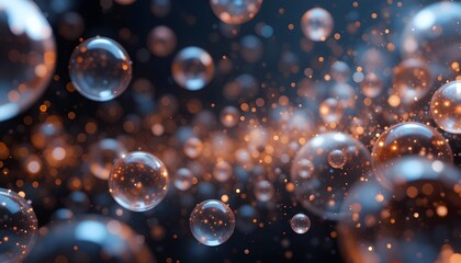 "Abstract 3D background with floating glass spheres and glowing particles, dark backdrop"


