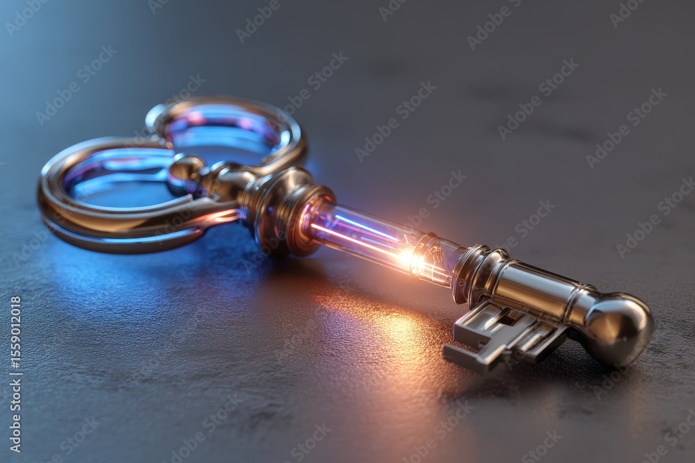 Poster unique metallic key with glowing core resting on dark surface in creative lighting