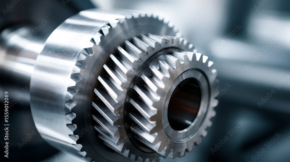 Poster close-up of sharp angular edges and polished surface of gears in industrial setting