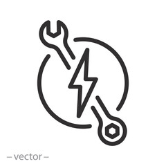 electrical service icon, wrench with lightning bolt, electric help, repair, thin line symbol on white background - editable stroke vector illustration eps 10