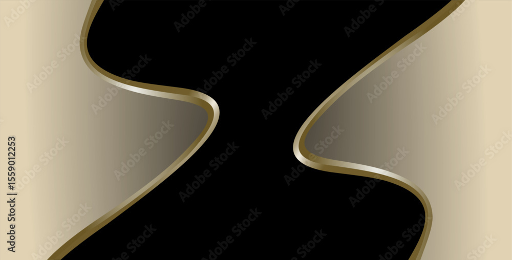 Poster composition of empty space, curved lines and geometric abstract fields with gradations of gold, brow