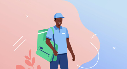 a smiling delivery person wearing a blue cap and shirt, carrying a large green package. Suitable for landing page, banner, marketing, web design, presentation, infographic, etc.