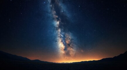Fototapeta premium Night sky with glowing Milky Way over dark mountain landscape