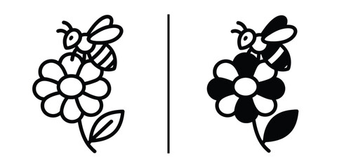 Bee on Flower: Line art illustration of a bee pollinating a flower, presented in both a line drawing and a solid fill version. Perfect for nature, ecology, and sustainability themes. 
