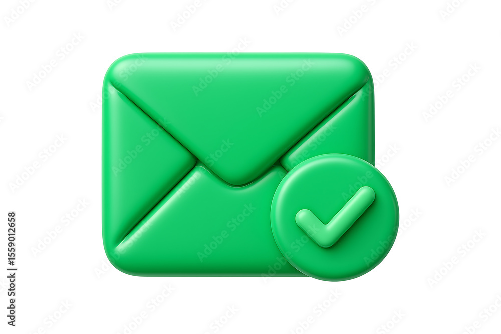 Poster 3d green mail envelope with checkmark icon isolated on a transparent background