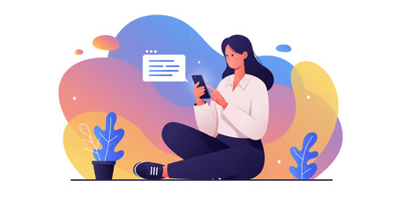 A woman is sitting on the floor, engrossed in her phone, with a chat bubble above her displaying text. Suitable for landing page, banner, marketing, web design, presentation, infographic, etc.