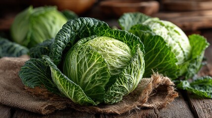 Fototapeta premium Several vibrant green cabbages rest on a burlap cloth atop a rustic wooden table, showcasing their crisp leaves and fresh appearance. The natural setting highlights their organic quality.