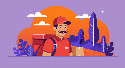 A friendly delivery person with a mustache and red uniform carries a package, symbolizing efficient and reliable shipping services in a stylized outdoor setting.