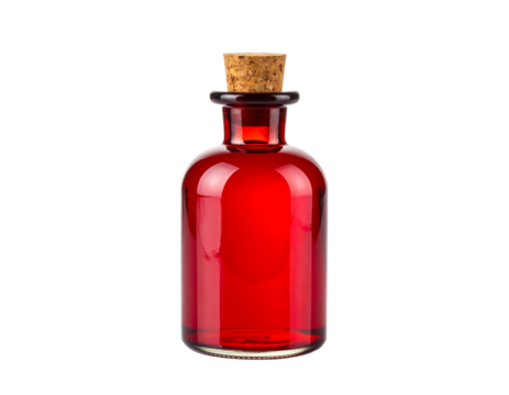 Red magic potion bottle with cork top, isolated on white.
