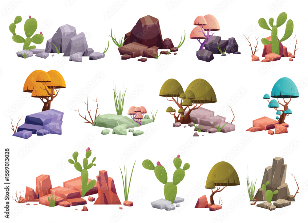 Poster a cartoonish desert landscape with stylized cacti, trees, and rocks, each with a unique design and c