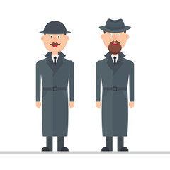 Two men, presented in a flat, stylized design, are wearing matching hats and trench coats. One has a mustache and the other has a beard, adding individuality.