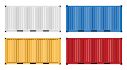 Illustration of four metal shipping containers in white, blue, yellow, and red, arranged in a grid. The containers are corrugated for strength and used in logistics.