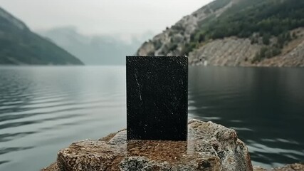 Abstract monolith by serene lake, set amidst the misty mountains and clouds - Powered by Adobe