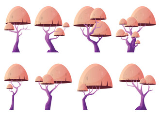 Cartoon trees with dome-shaped canopies in pastel colors and purple trunks are arranged in a whimsical, playful pattern against a clean white backdrop.The fantasy trees are visually engaging. © Creativeclipcloud