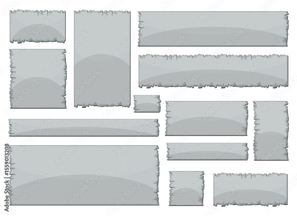 Poster a set of grey stone-textured banners in varying shapes and sizes, ideal for website elements or game