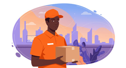 a delivery person in an orange uniform holding a cardboard box, with a city skyline in the background. Suitable for landing page, banner, marketing, web design, presentation, infographic, etc.