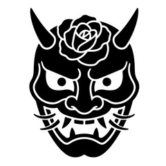 Black and White Oni Mask with Rose Tattoo Design, Vector Illustration