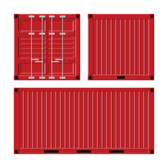 A red shipping container is presented in three different views, including the front, side, and top angles, each showing the structural features and details of the container's construction.