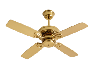 	Gold ceiling fan with light fixture, isolated on white.