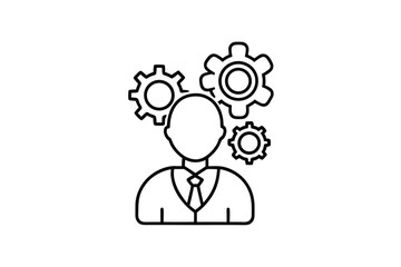 Ideas and Engineering: A minimalistic line art illustration of a person, their mind symbolized by a set of interlocking gears, representing complex thought processes, creative brainstorming.