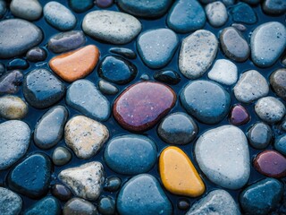 Overhead View of Colorful Wet Riverbed Stones