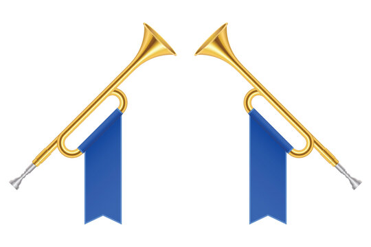 Two golden horns each adorned with vibrant royal blue banners, symbolizing celebration, triumph, and joyful announcements against a plain white background.