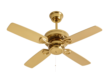 	Gold ceiling fan with light fixture, isolated on white.