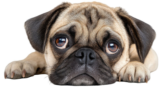 Pug dog isolated on transparent background lying down with sad eyes and wrinkled face