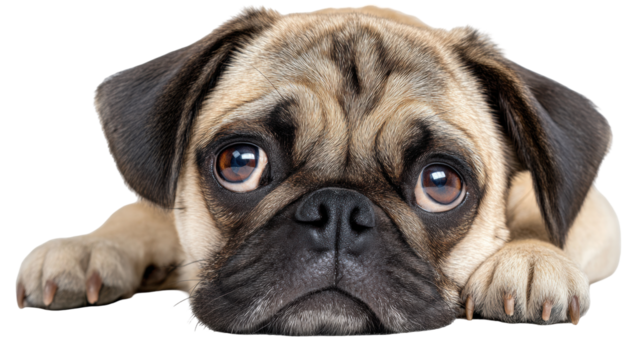 Pug dog isolated on transparent background lying down with sad eyes and wrinkled face