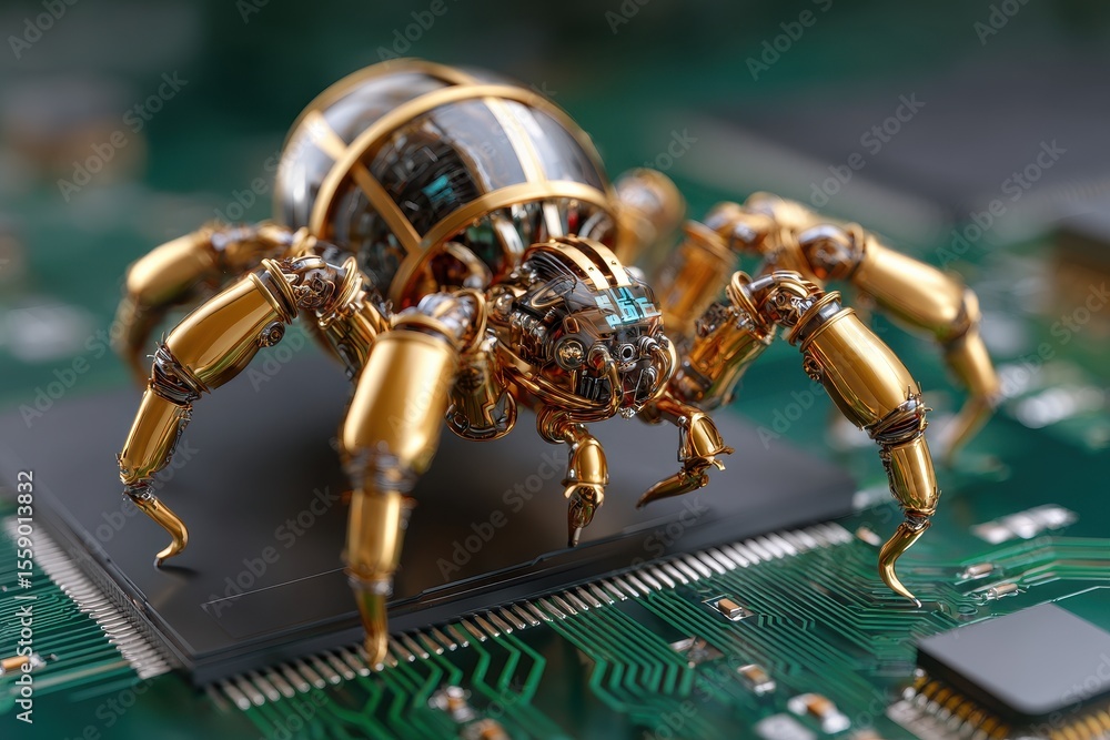 Poster golden robotic spider crawling on a computer chip in a high-tech environment during the afternoon ho
