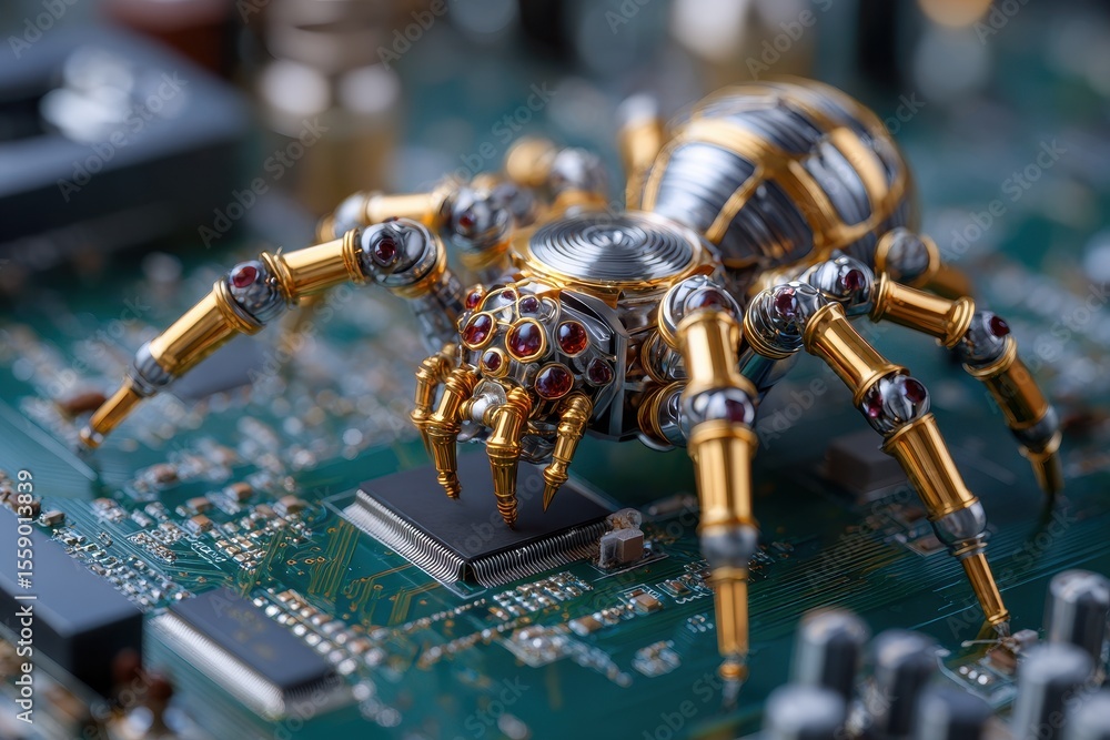 Poster detailed robotic spider explores a circuit board in a futuristic setting, showcasing advanced techno