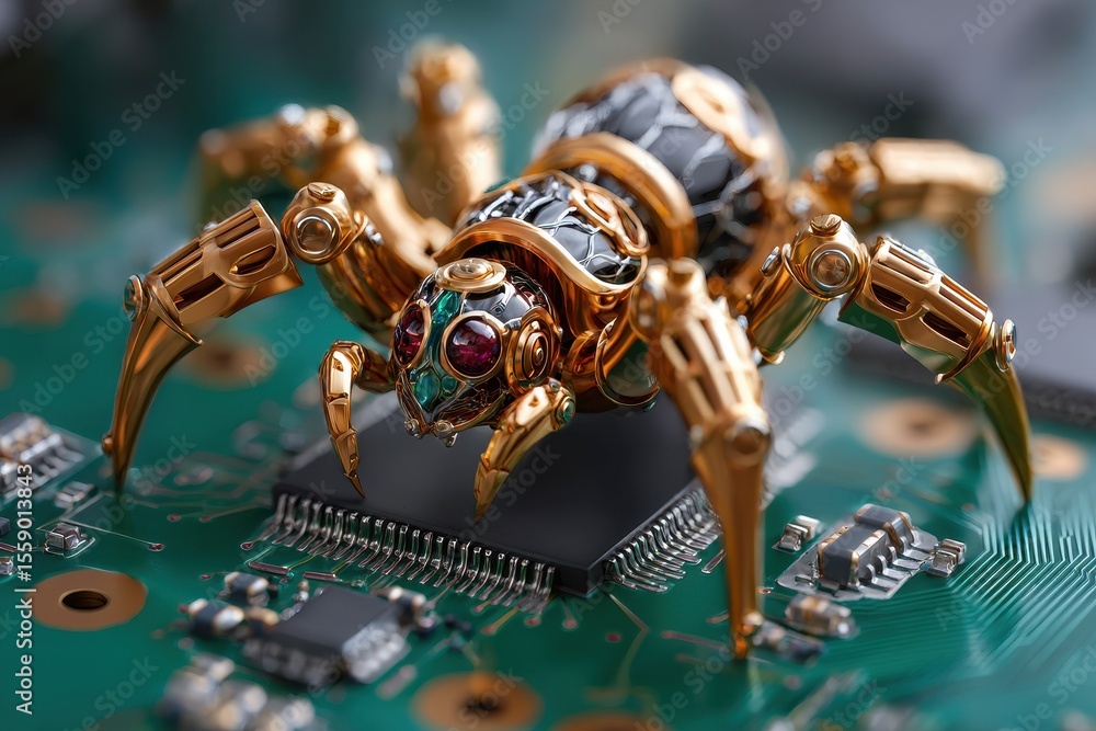 Poster intricate robotic spider model displayed on a circuit board with detailed craftsmanship and vibrant 
