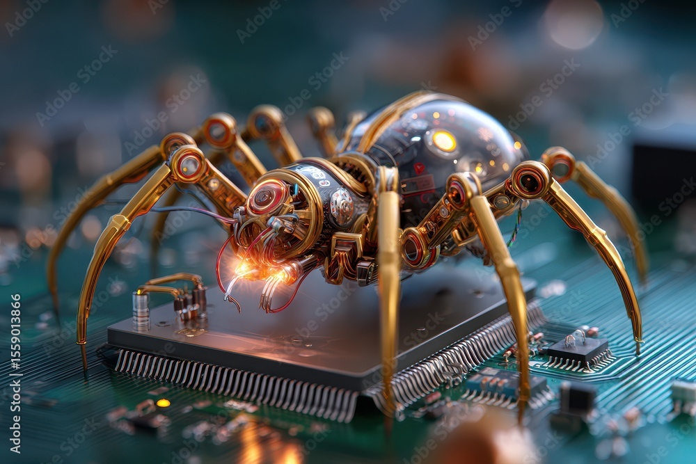 Poster exploration of a robotic spider navigating a circuit board in a futuristic environment