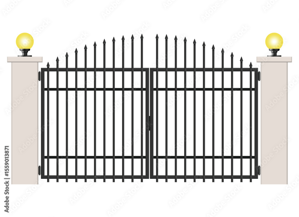 Poster a decorative wrought iron gate sits between two beige columns topped with glowing lights. the gate o
